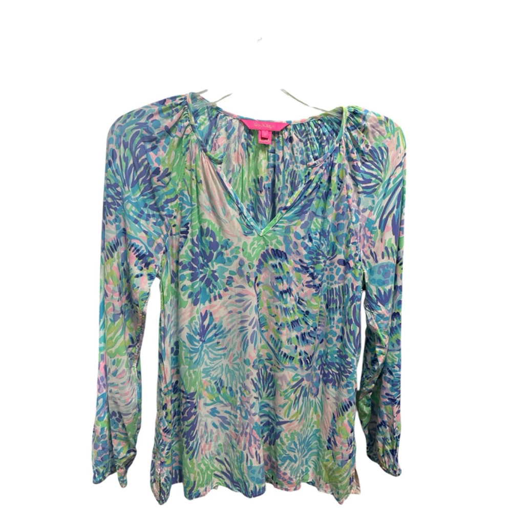 Lilly Pulitzer Blouse Top Long Sleeve Blue Green Size S‎
